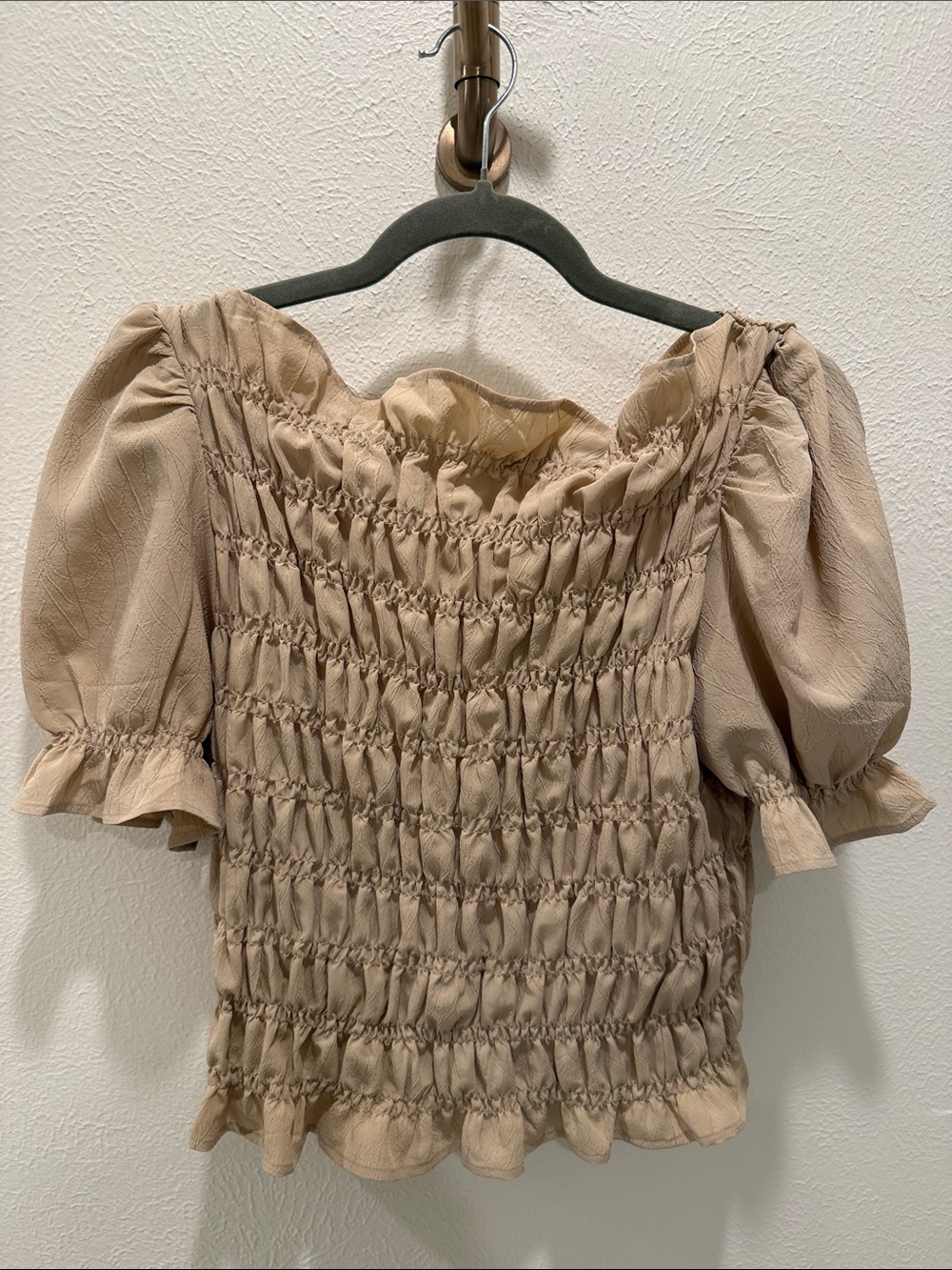 H&M Beige Smocked Puff-Sleeve Blouse